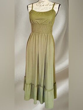 Grace Karin Olive Green Smocked Waist Maxi Dress
